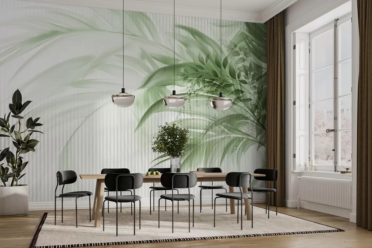 zidne murale Palmino tropsko zeleno lišće s bijelom prugastom pozadinom, meko osvjetljenje, nježni potezi kistom, organski oblici w09343