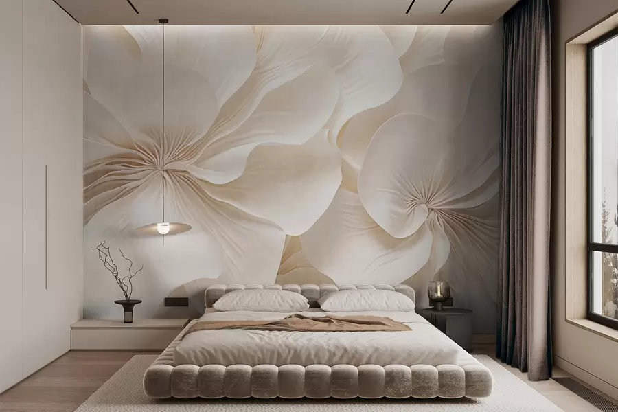 zidne murale Krupni plan kremasto teksturiranog cvijeća s nježnim, tekućim laticama, stvarajući mekan, elegantan i teksturiran cvjetni aranžman w09346