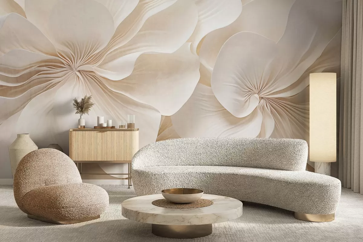 zidne murale Krupni plan kremasto teksturiranog cvijeća s nježnim, tekućim laticama, stvarajući mekan, elegantan i teksturiran cvjetni aranžman w09346