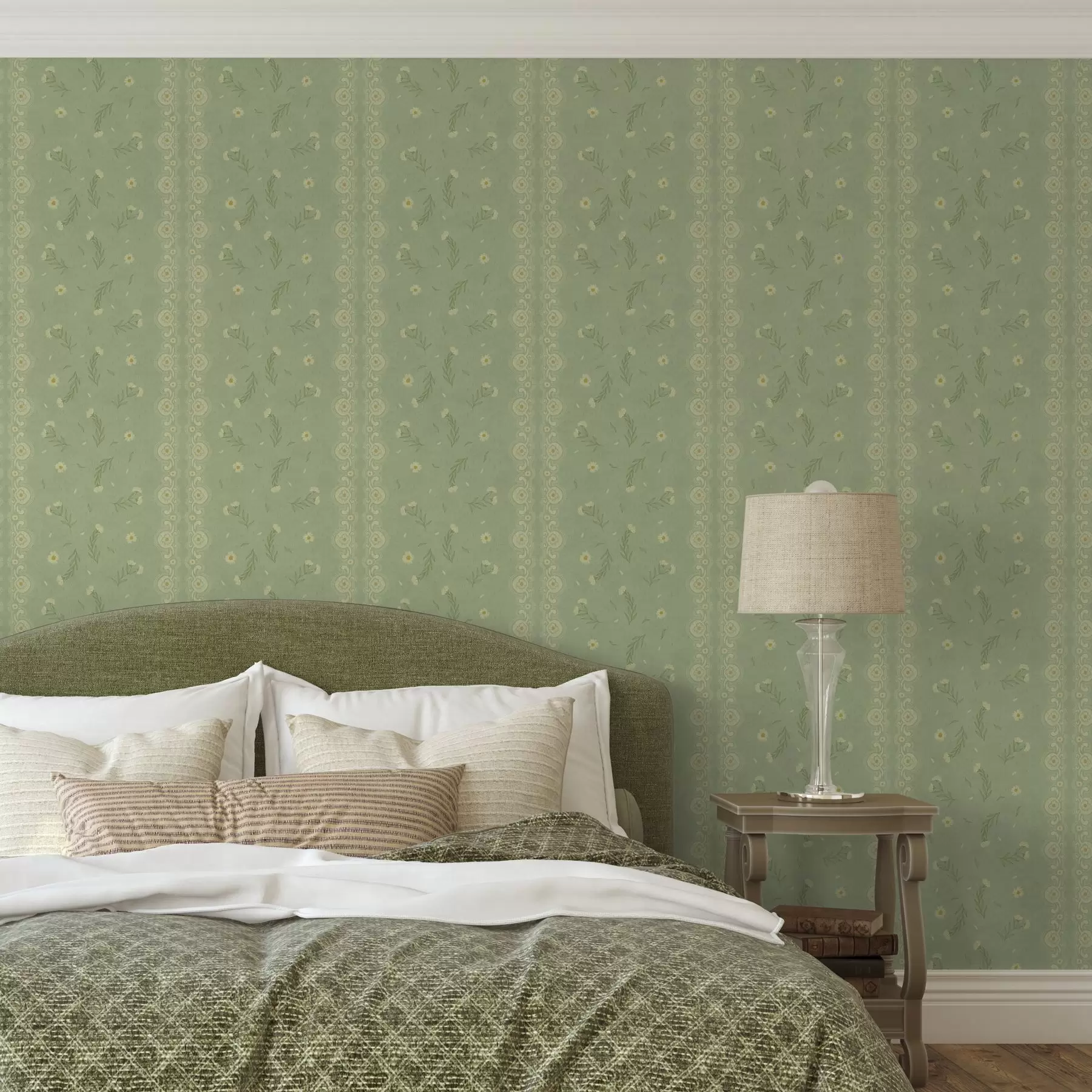 zidne murale Zelena pozadina s tratinčicama i čipkastim rubom a00291