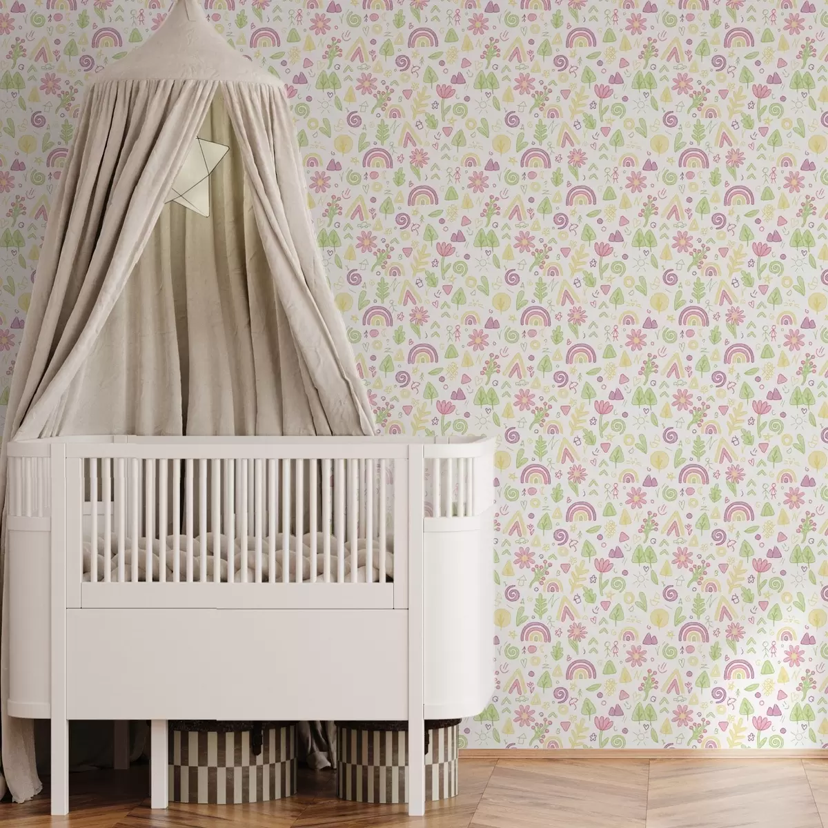 Pozadina Dječji crtež s dugama, cvijećem i drvećem a00296