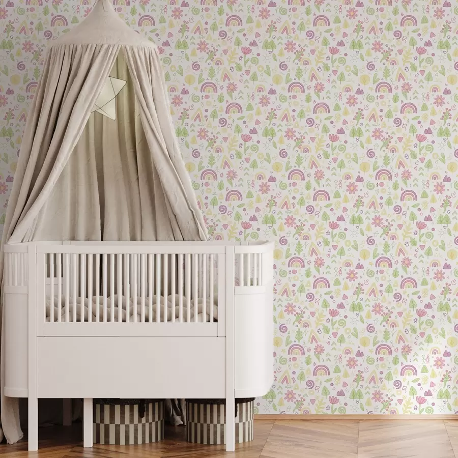 zidne murale Dječji crtež s dugama, cvijećem i drvećem a00296