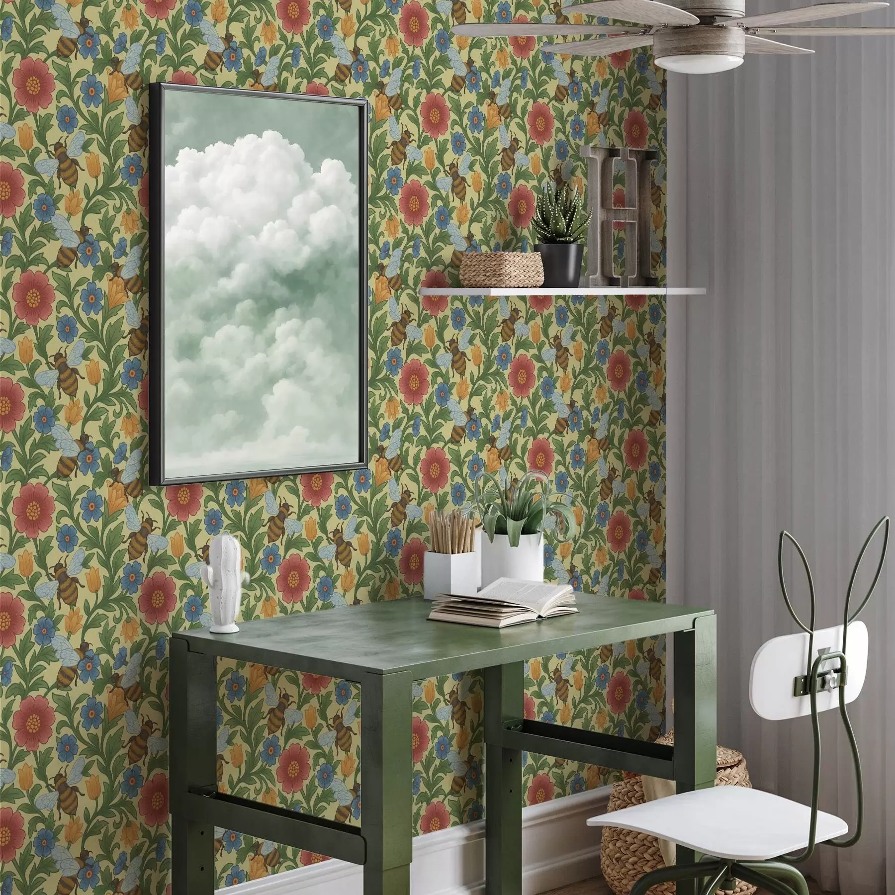 zidne murale Svijetlo cvijeće s velikim pčelama a00315