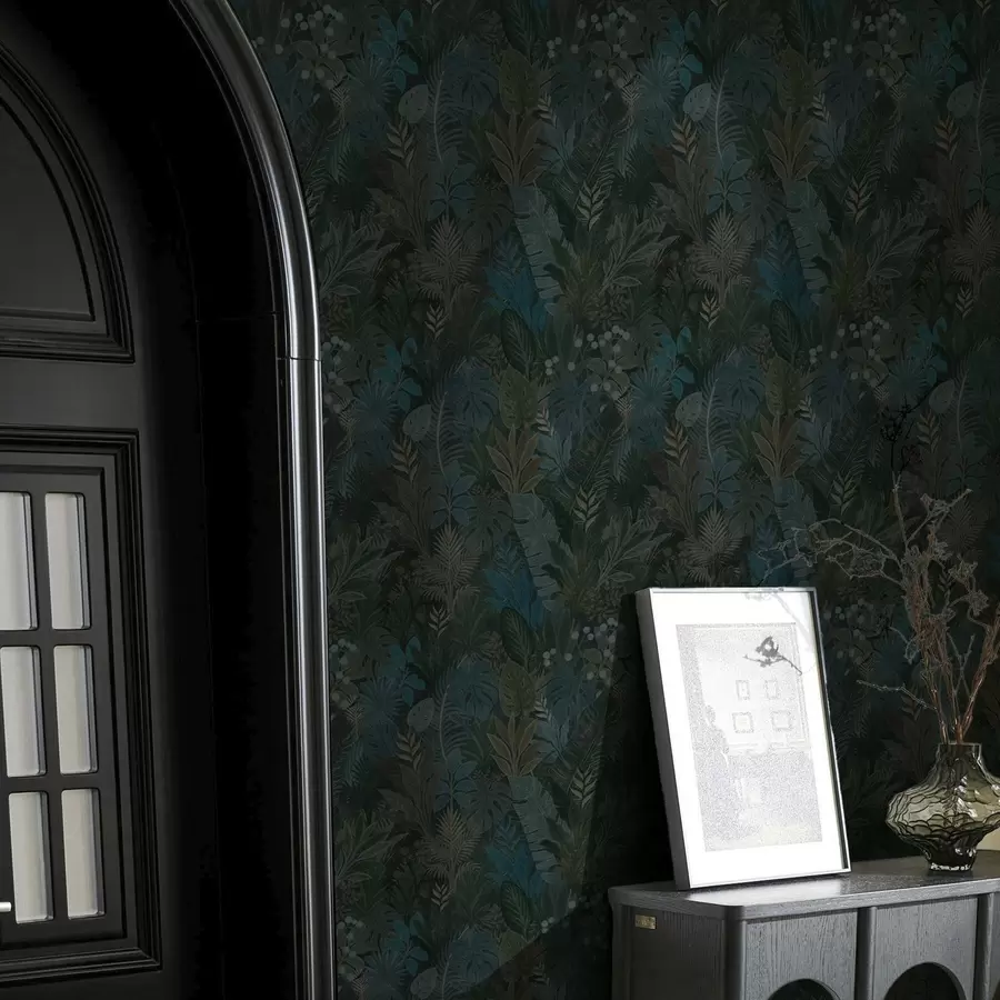 zidne murale Tamnozeleno tropsko lišće s plavim akcentima a00327