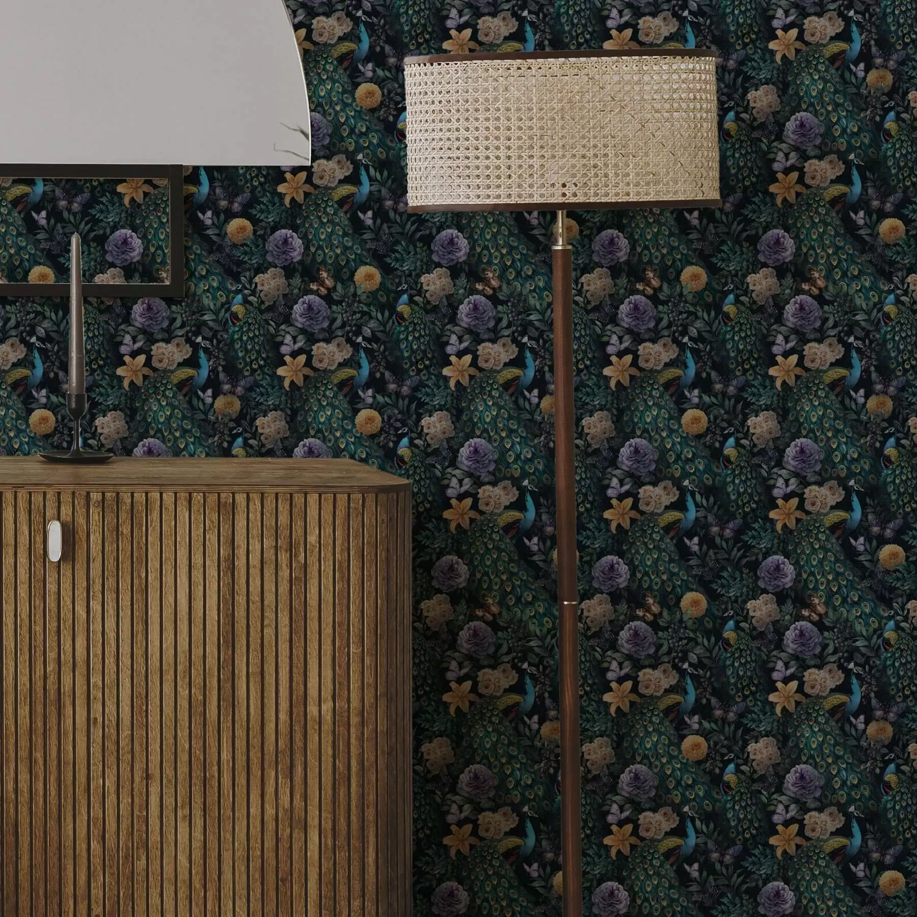 zidne murale Paunovi među tamnim cvijećem i leptirima a00348