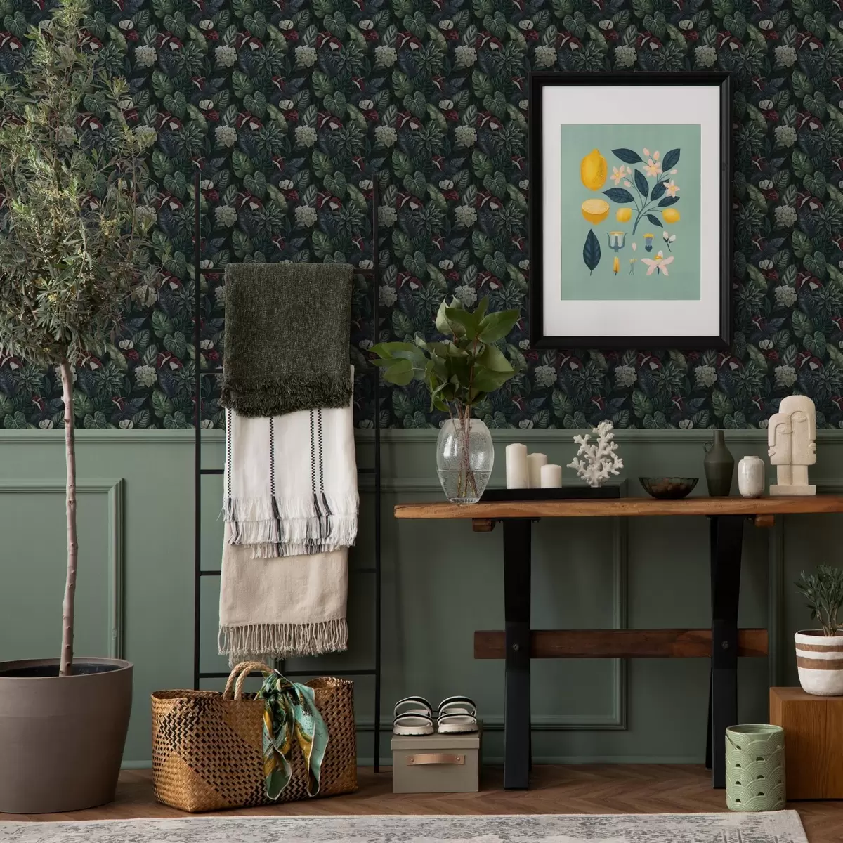 Pozadina Tropsko lišće s bijelim i crvenim cvjetovima a00361