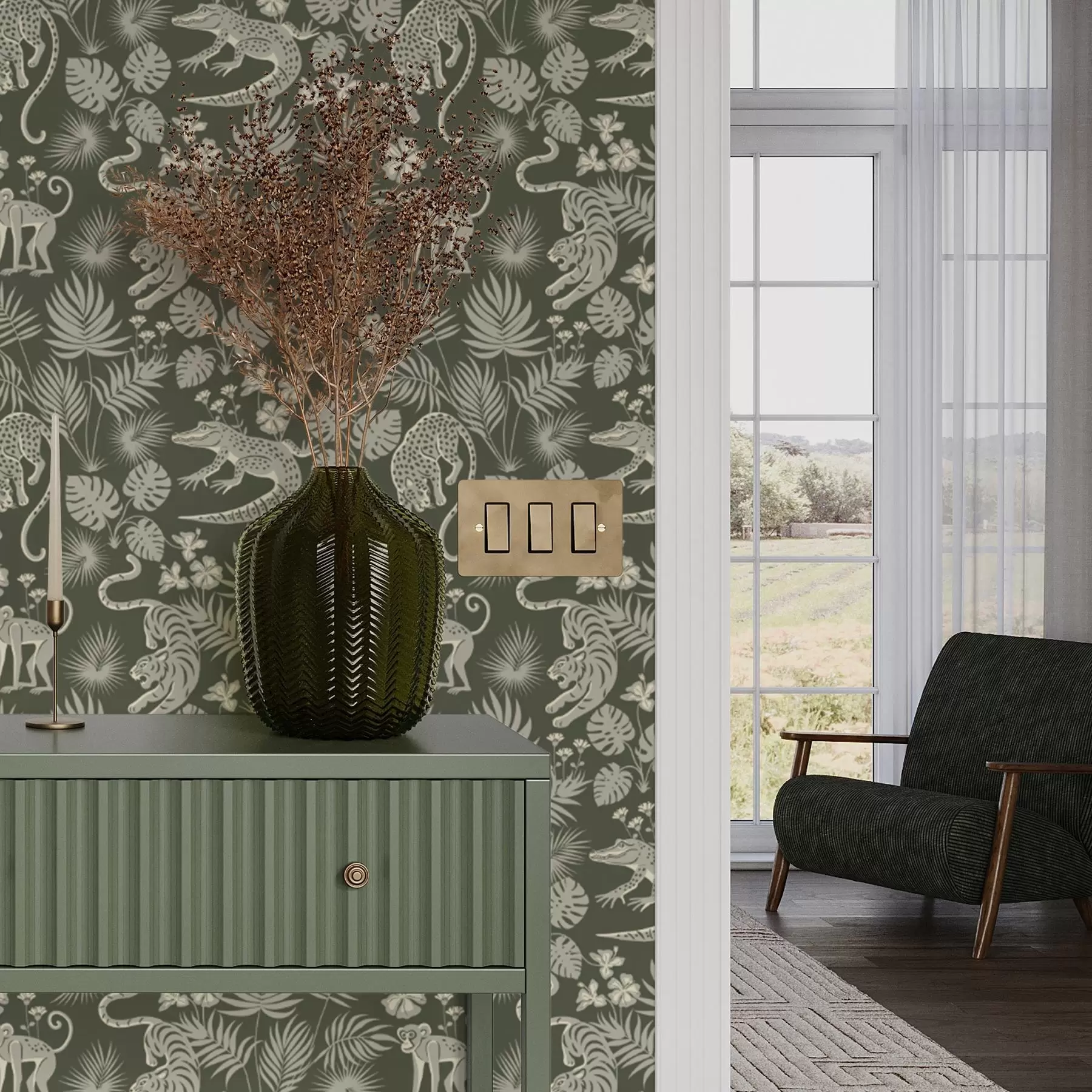 zidne murale Siluete divljih životinja među tropskim lišćem a00404