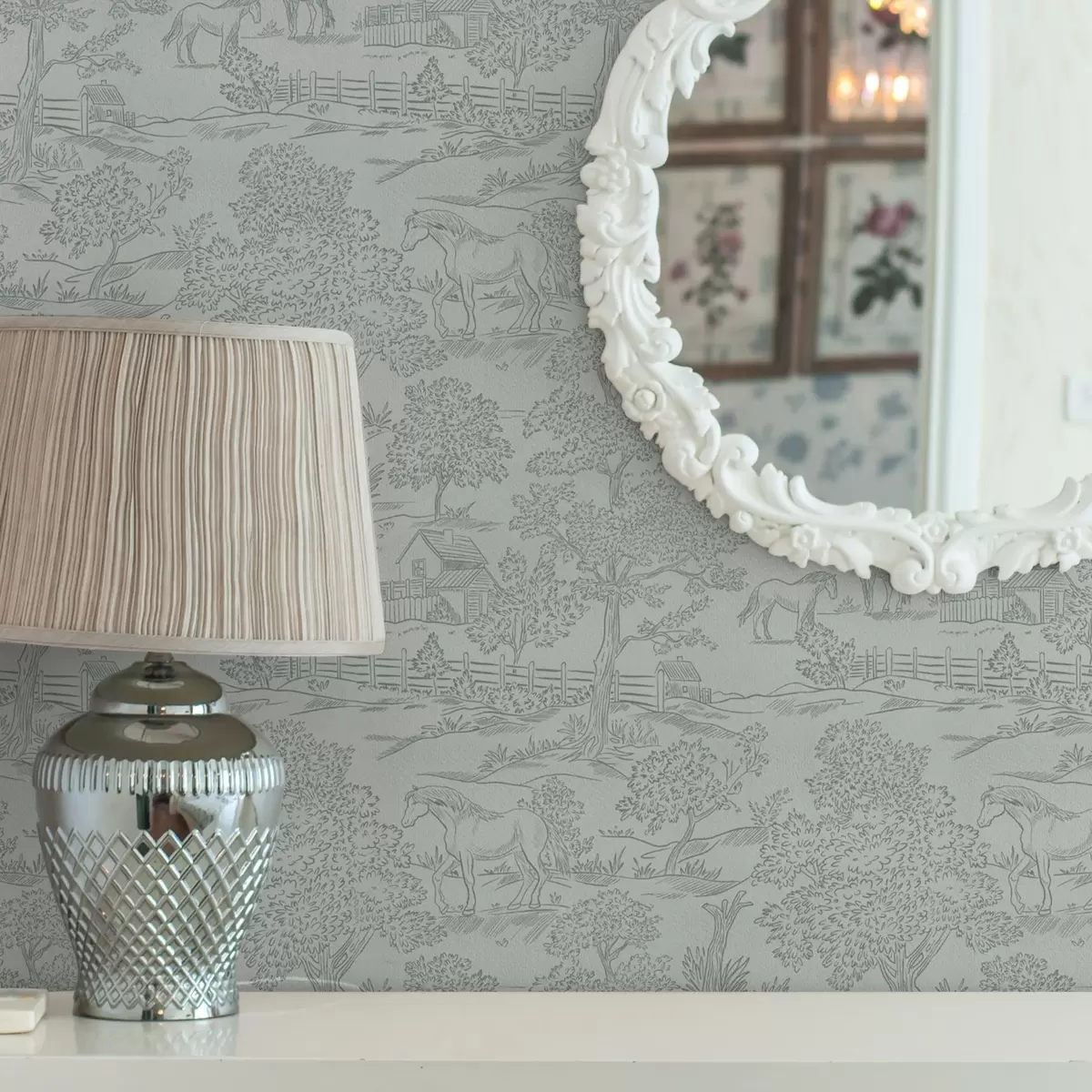 Pozadina Zeleni monokromatski krajolik s konjima i kućicama a00407