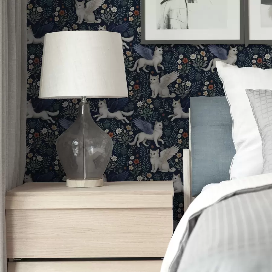 zidne murale Fantazijske mačke s krilima među cvijećem a00408