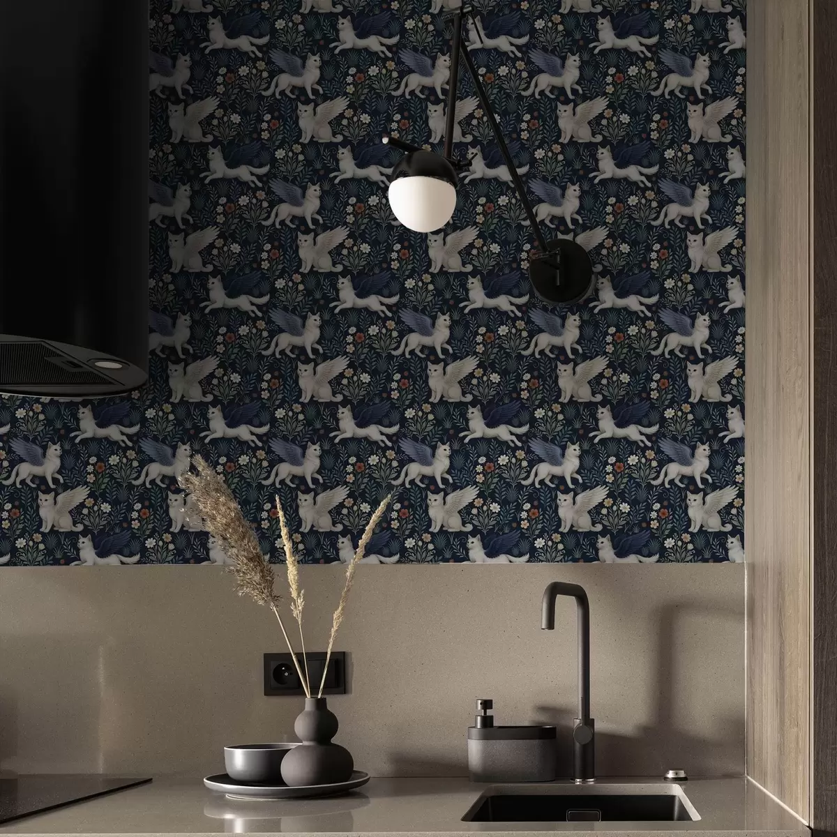 Pozadina Fantazijske mačke s krilima među cvijećem a00408