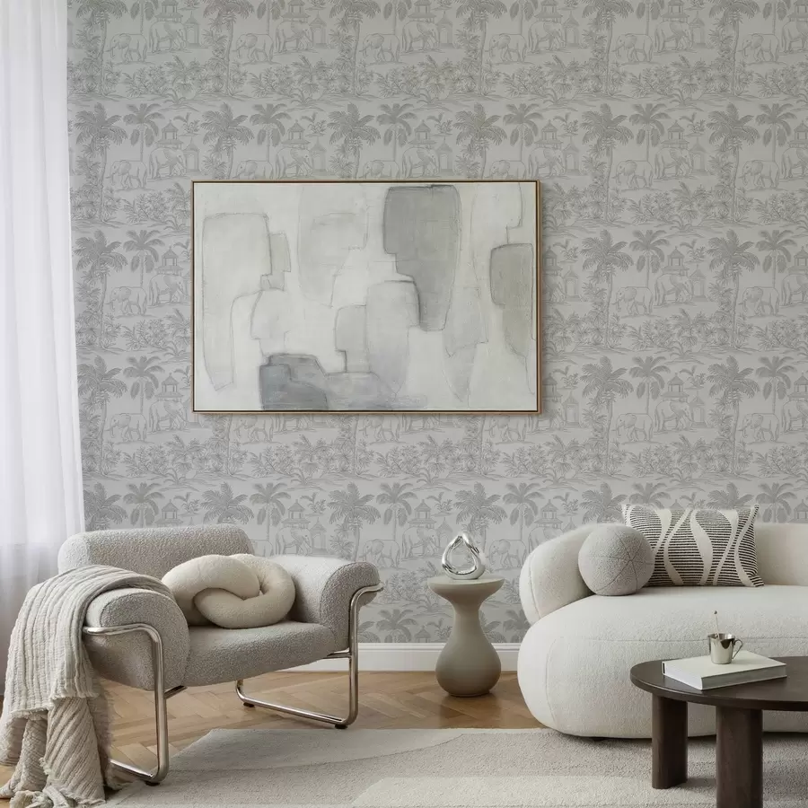 zidne murale Monokromatski slonovi i džungla u grafičkom stilu a00410