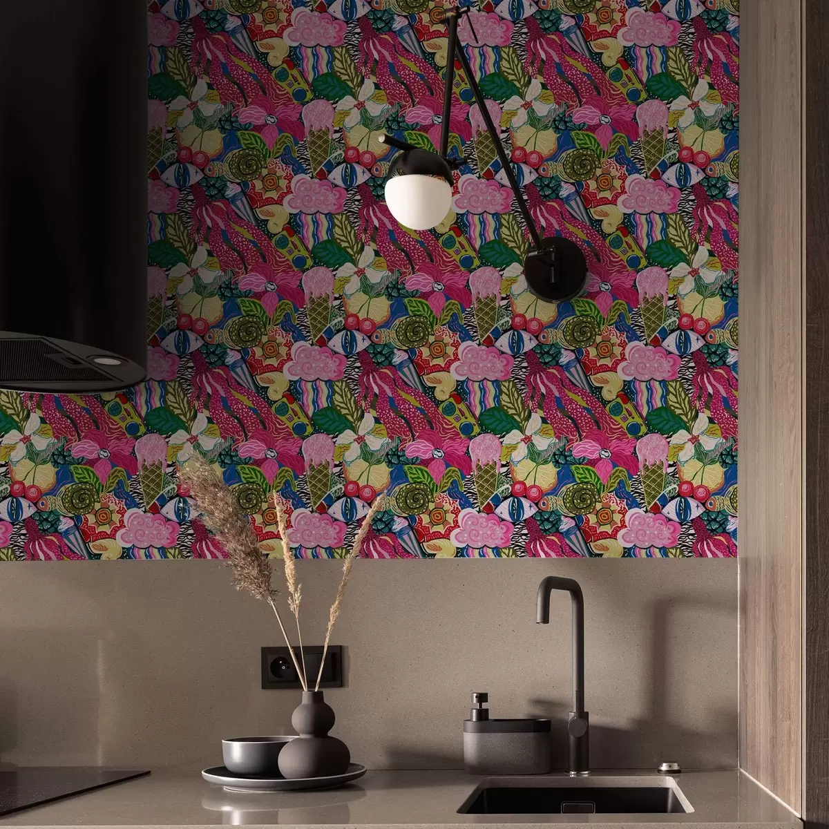 Pozadina Apstraktni pop-art s cvijećem, bobicama i uzorcima a00471