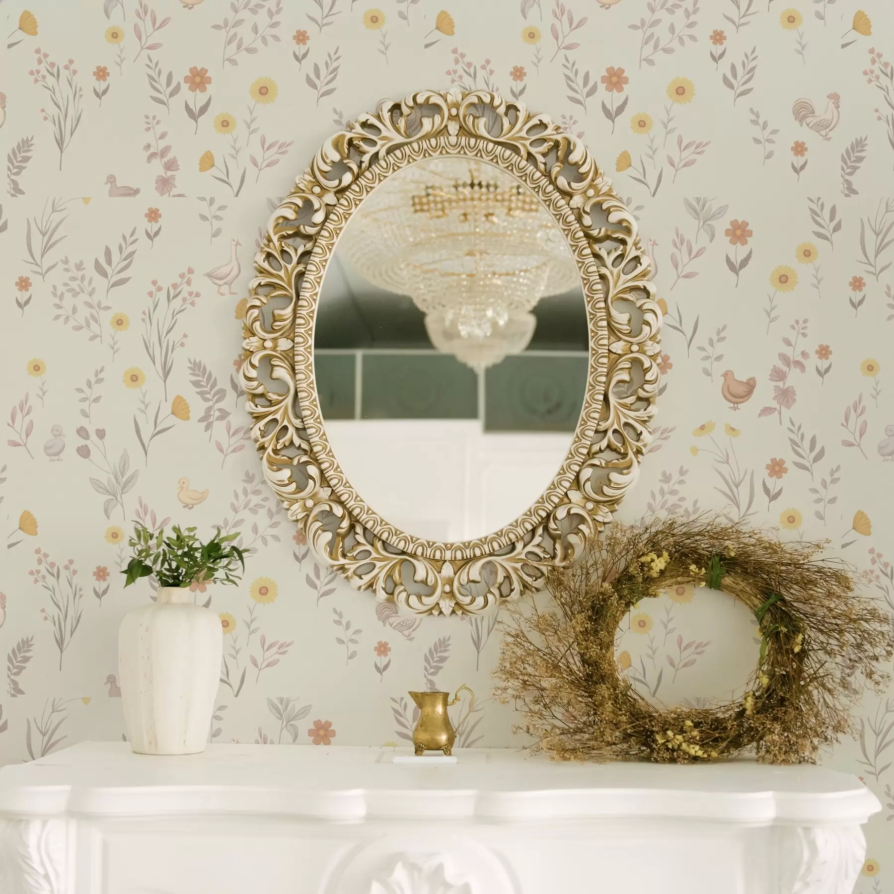 zidne murale Poljsko cvijeće i kokoši u mekim pastelnim tonovima a00478