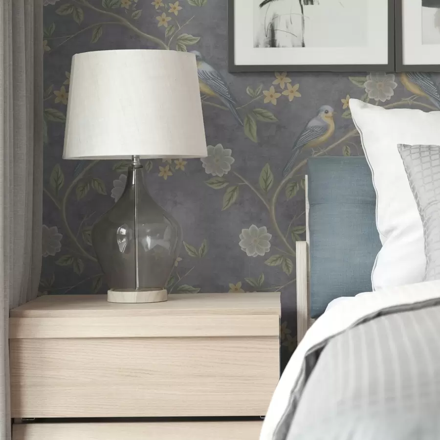 zidne murale Ptice na granama među cvijećem na sivoj pozadini a00483