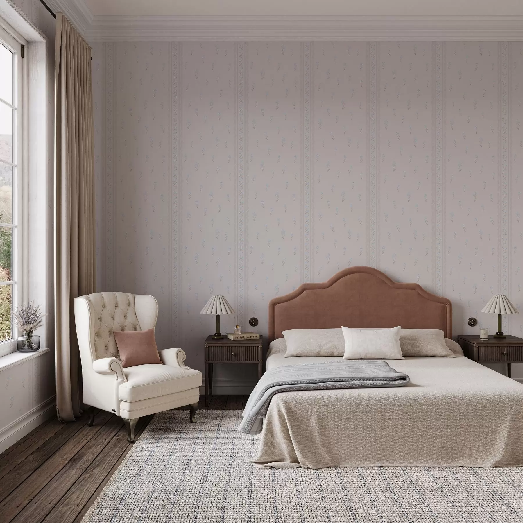 zidne murale Ružičasta pozadina s nježnim plavim cvijećem i obrubom a00484