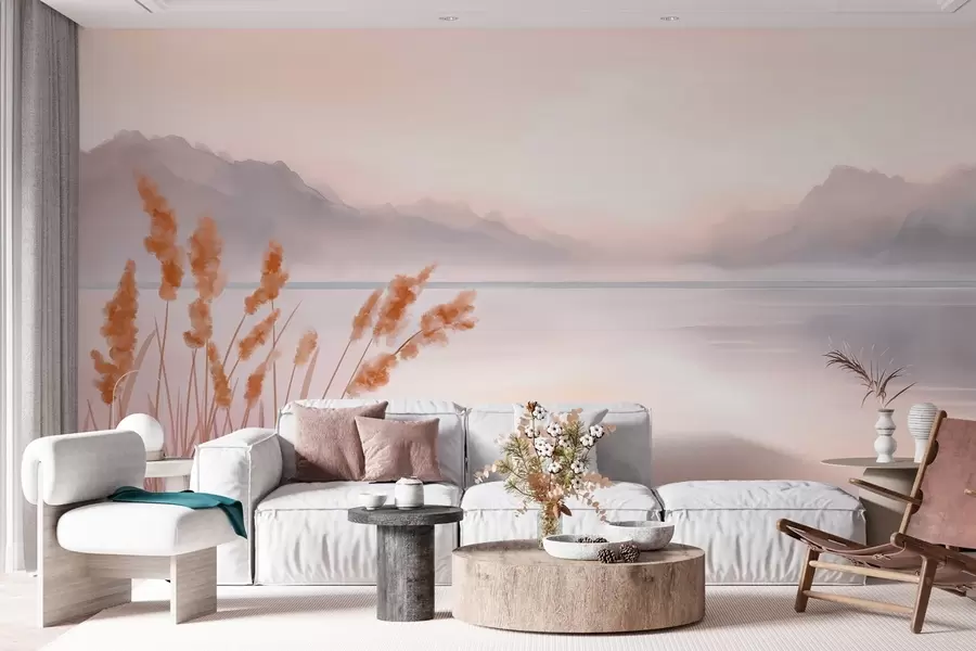 zidne murale slikovito jezero s trskom i planinama w04315