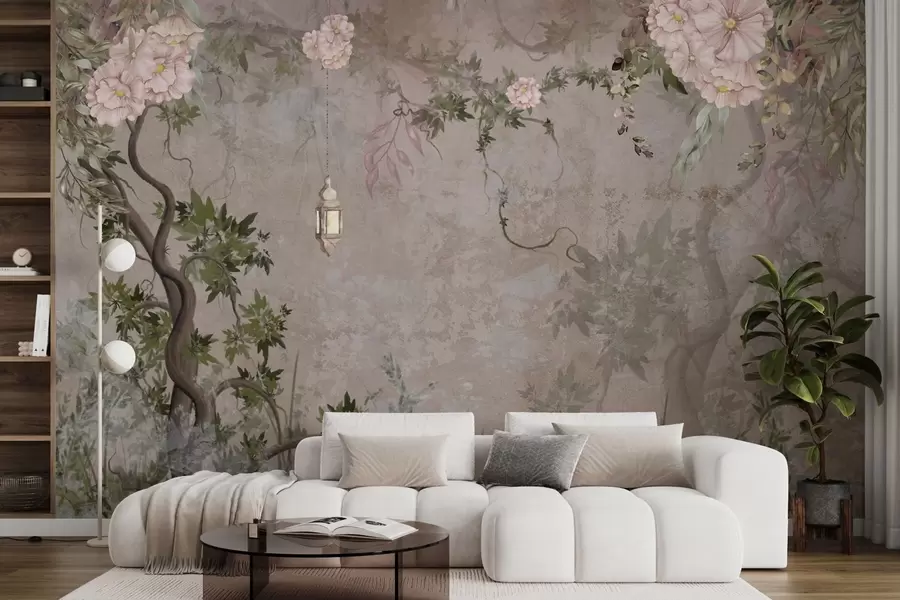 zidne murale Vrt bajki s cvijećem, drvećem i lampionom w04416