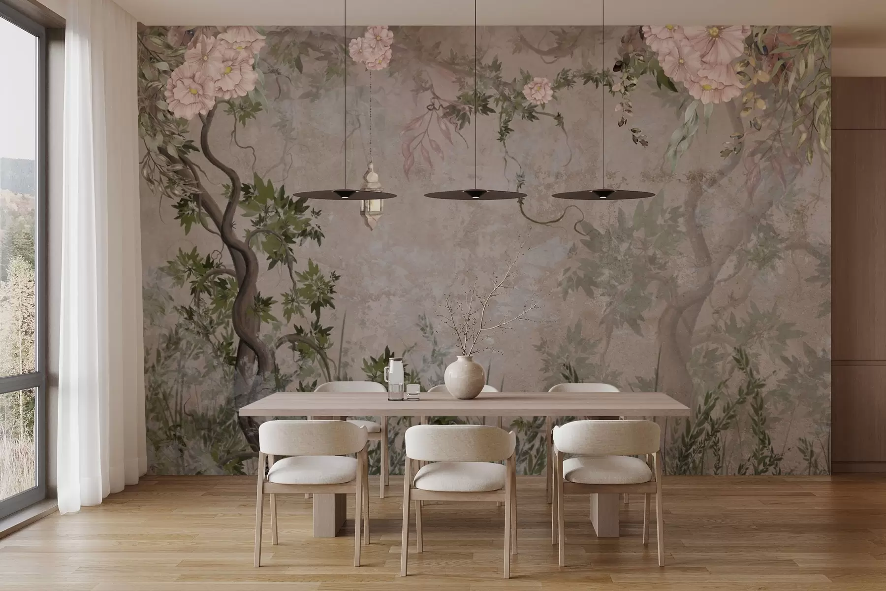 zidne murale Vrt bajki s cvijećem, drvećem i lampionom w04416