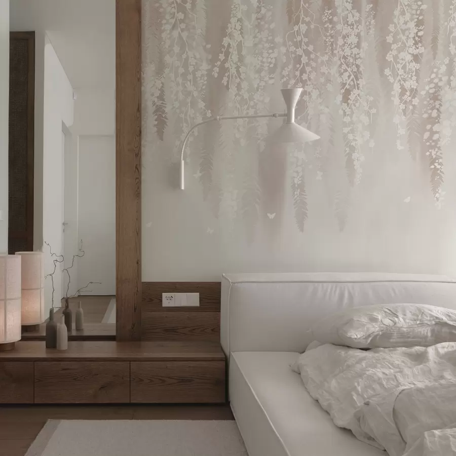 zidne murale Svijetle grane s bijelim cvijećem na nježnoj pozadini w04417