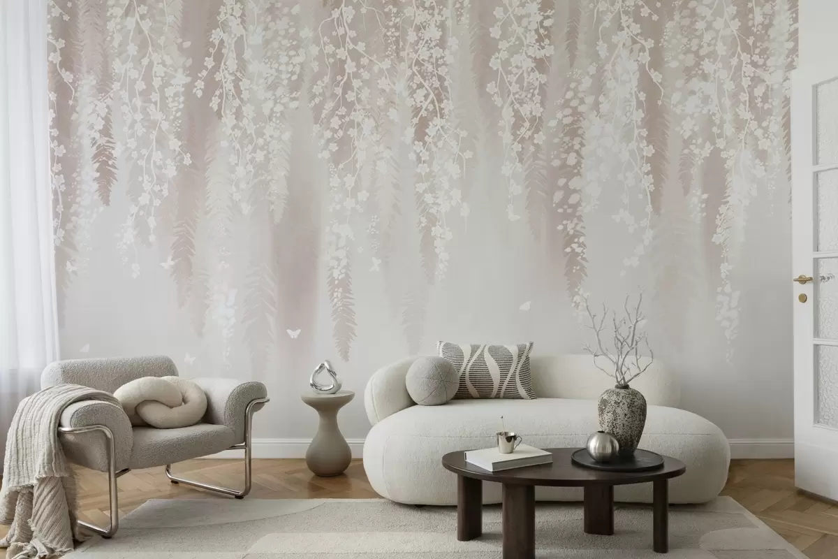 zidne murale Svijetle grane s bijelim cvijećem na nježnoj pozadini w04417