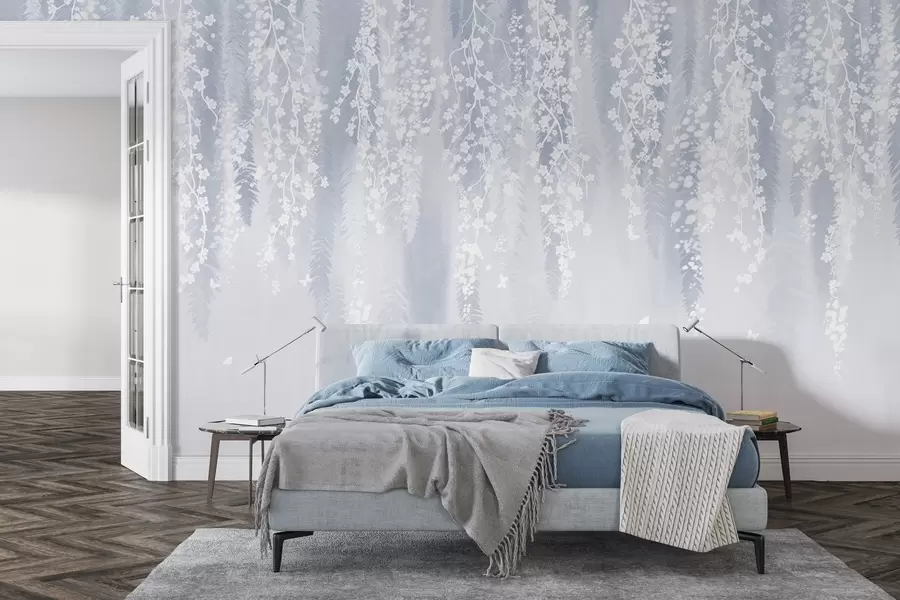 zidne murale Hladna plava verzija grana s bijelim cvjetovima w04417v2