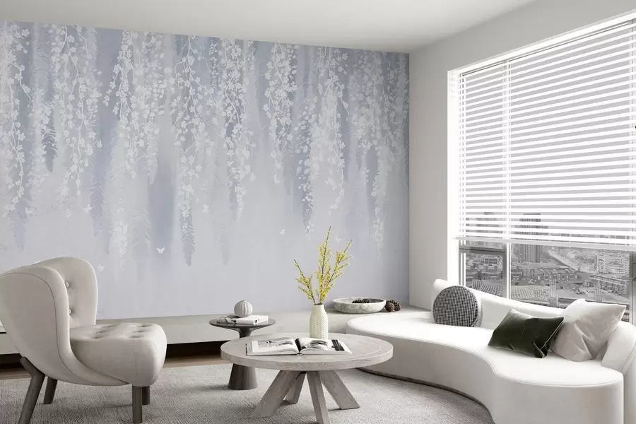 zidne murale Hladna plava verzija grana s bijelim cvjetovima w04417v2