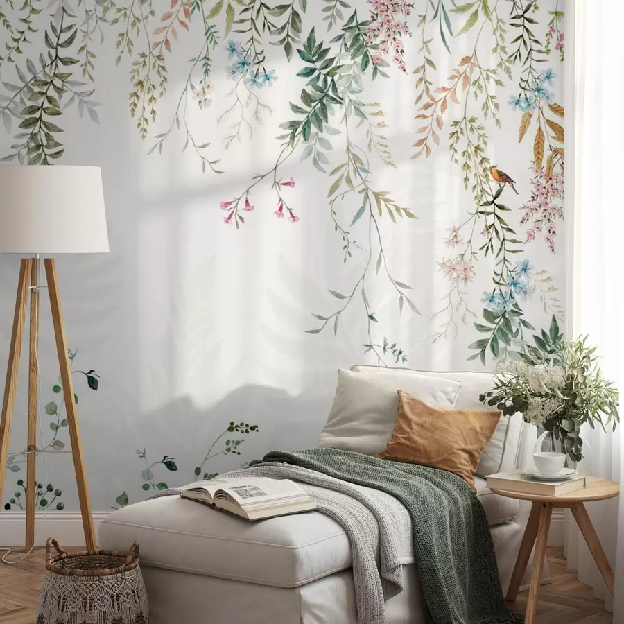 zidne murale Botanička ilustracija s papratima, travom i visećim biljkama, pastelnim tonovima, na bijeloj pozadini u akvarelu teksturiranog stila w09364