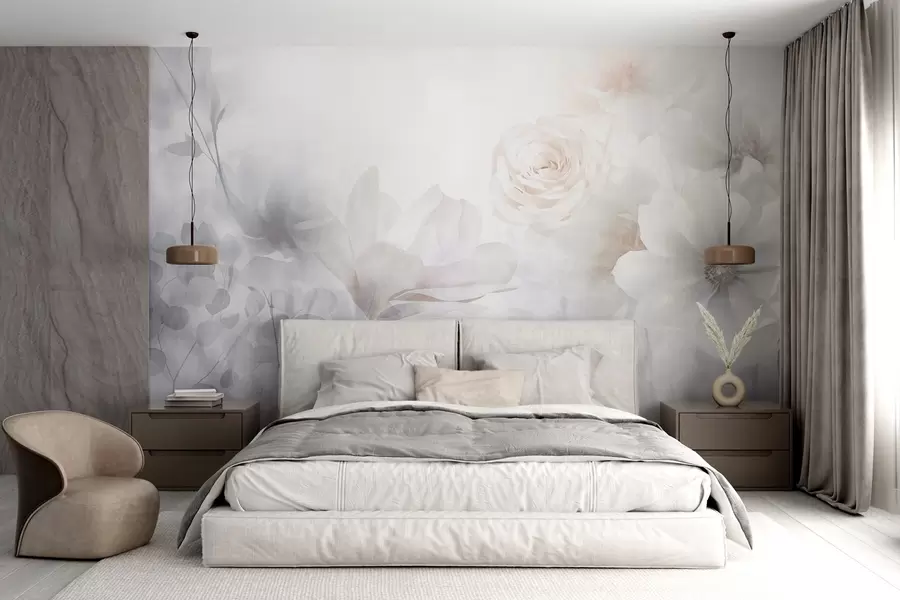 zidne murale Nježan apstraktni cvjetni aranžman s pastelno ružičastim ružama i magnolijama, meki fokus, svijetlosiva pozadina w09371