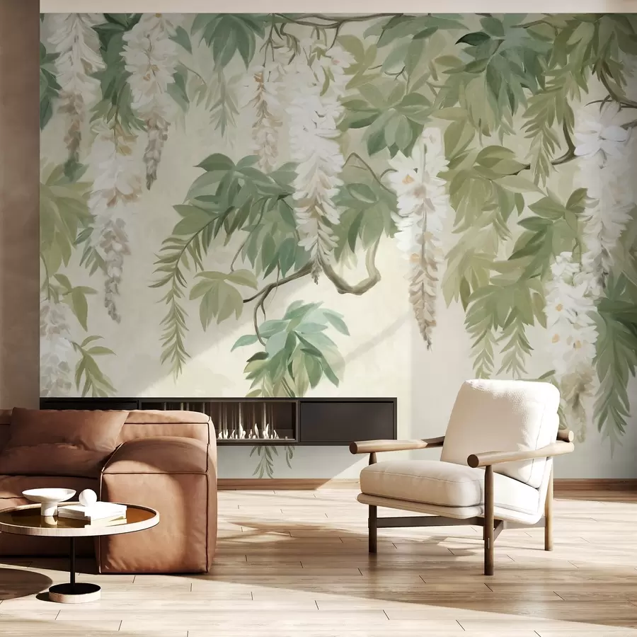 zidne murale Grane glicinije s bijelim cvjetovima i zelenim lišćem, zelena pozadina, teksturirani vintage stil slikanja w09375