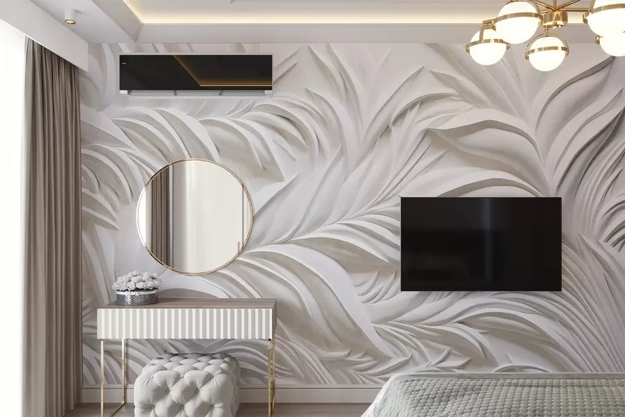 zidne murale Apstraktno teksturirano bijelo lišće i cvjetni elementi, minimalistička estetika w09378
