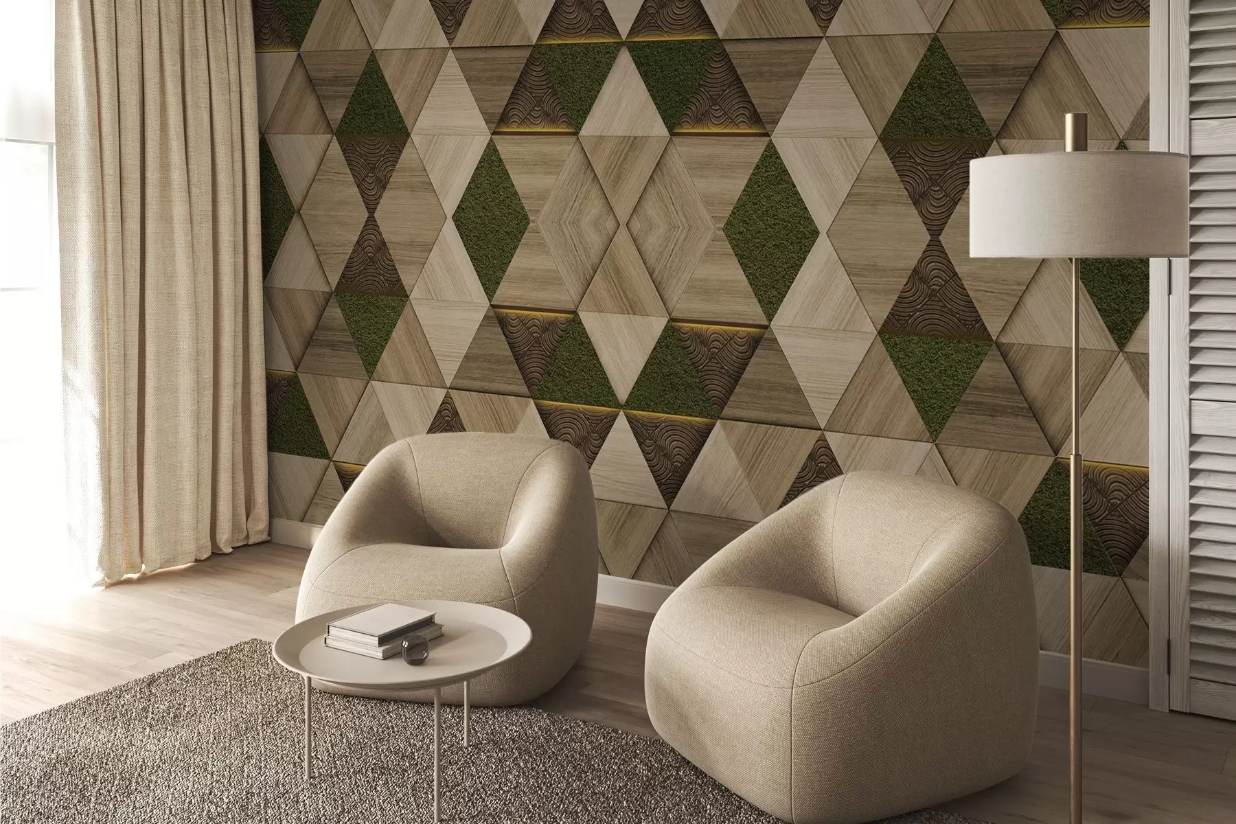 zidne murale Geometrijski drveni ukras s mahovinom w04459