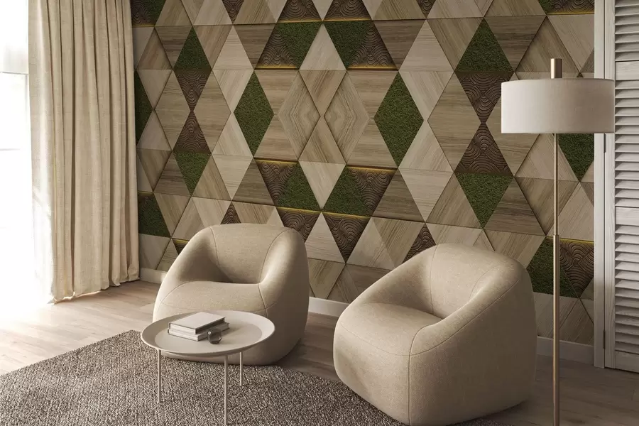 zidne murale Geometrijski drveni ukras s mahovinom w04459