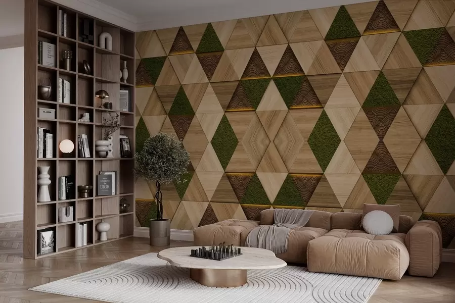 zidne murale Geometrijski drveni ukras s mahovinom w04459