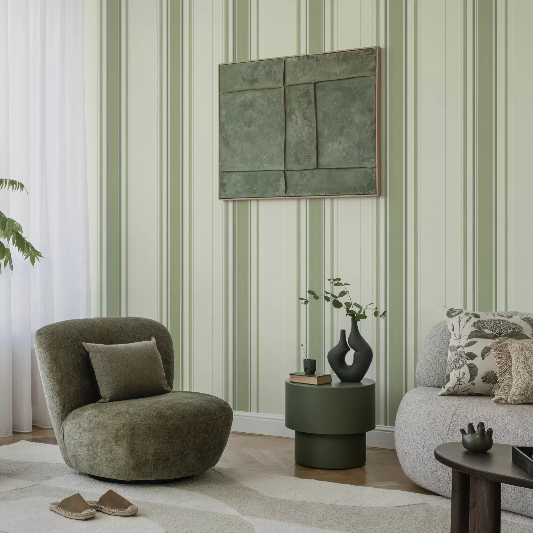 zidne murale Krem pozadina sa širokom zelenom središnjom prugom a00519