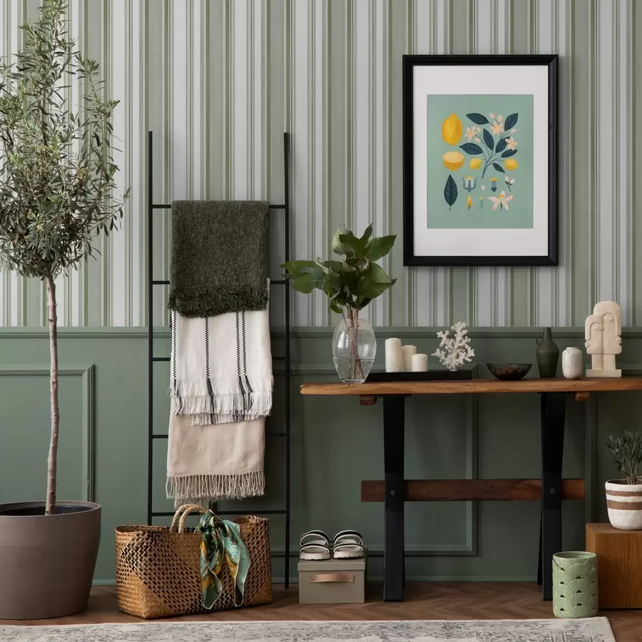 zidne murale Zelene pruge s bijelim intervalima i tankim linijama a00526