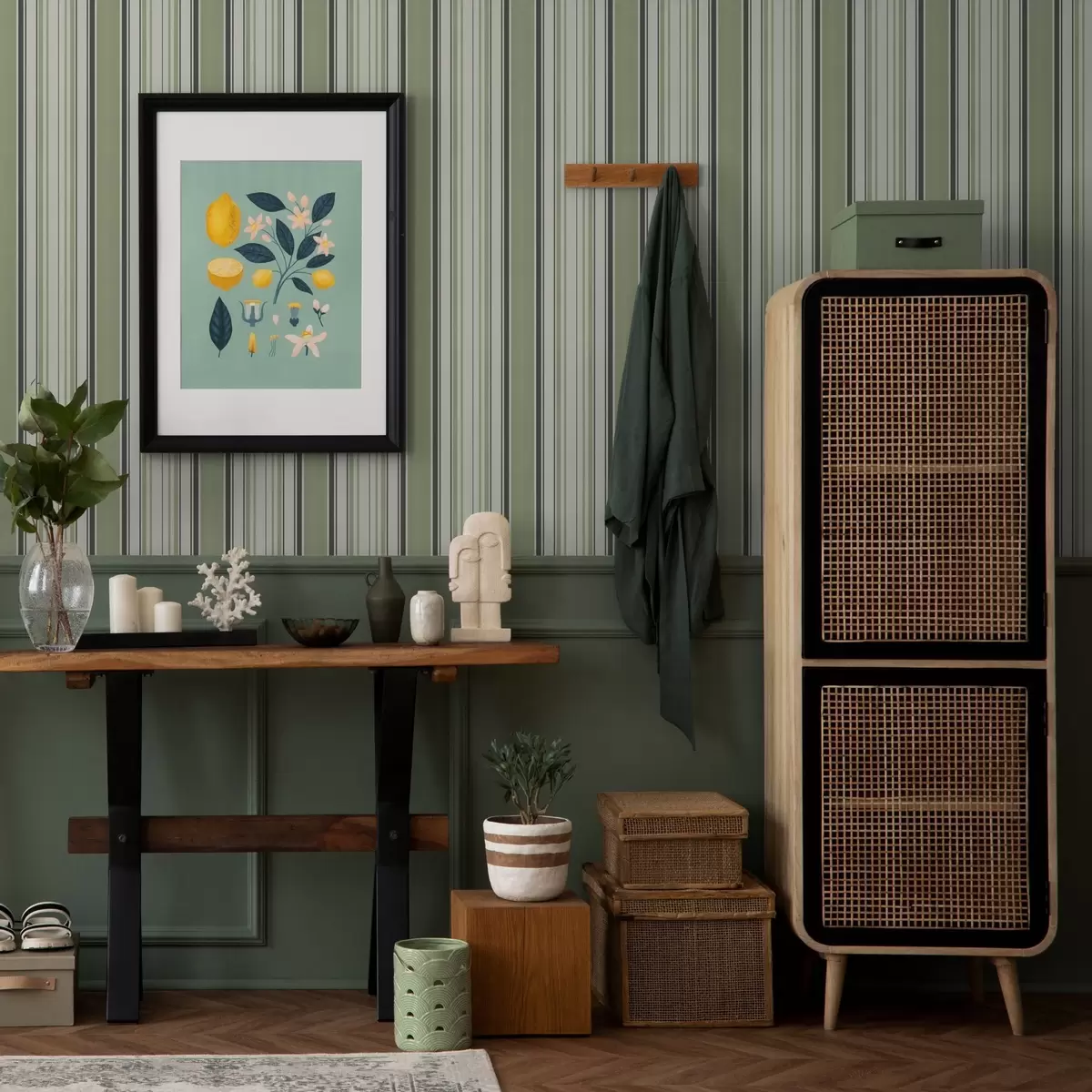 Pozadina Krem pozadina s mješavinom zelenih i crnih pruga a00563