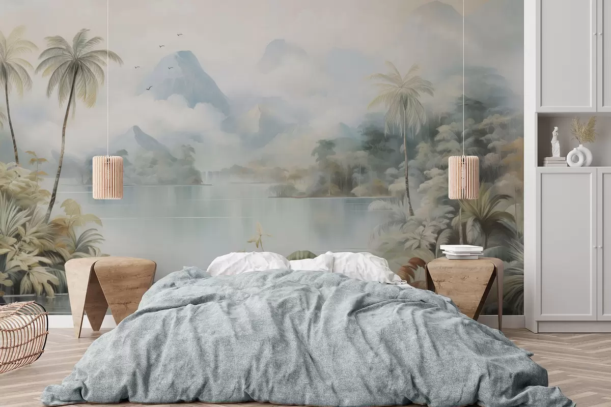 zidne murale Rijeka u džungli blizu planina w04536