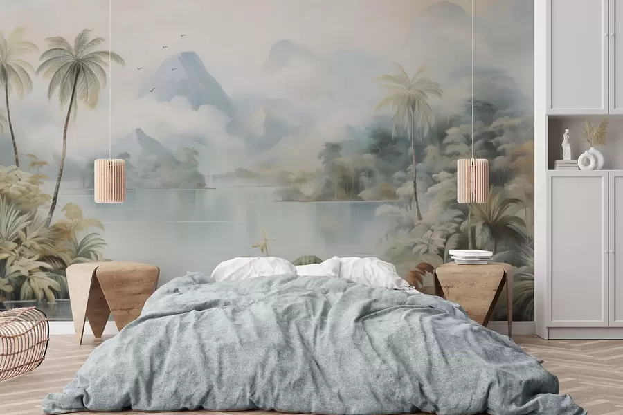 zidne murale Rijeka u džungli blizu planina w04536