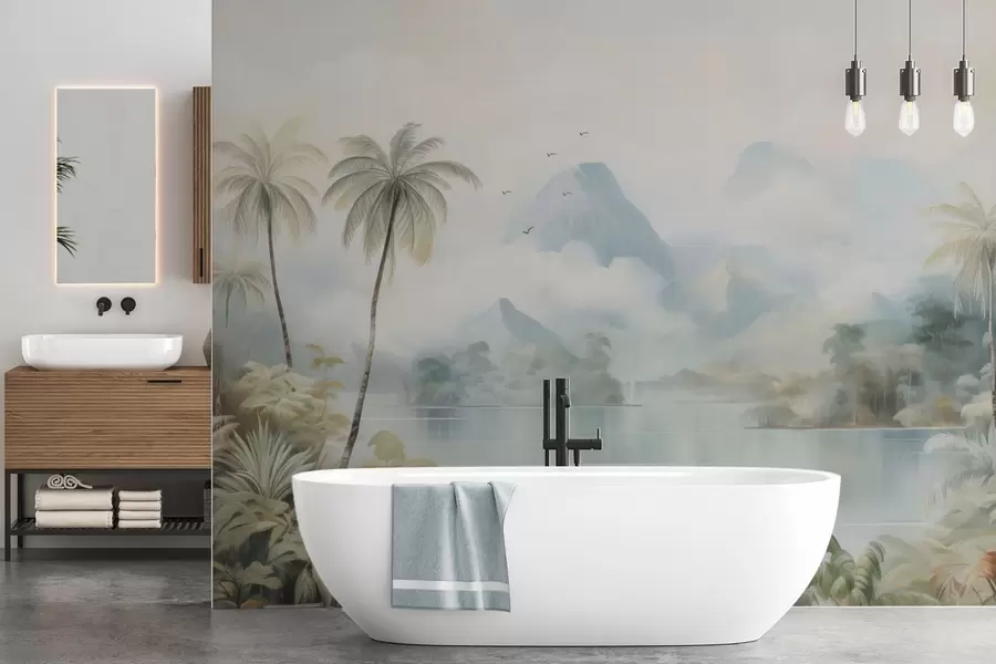 zidne murale Rijeka u džungli blizu planina w04536