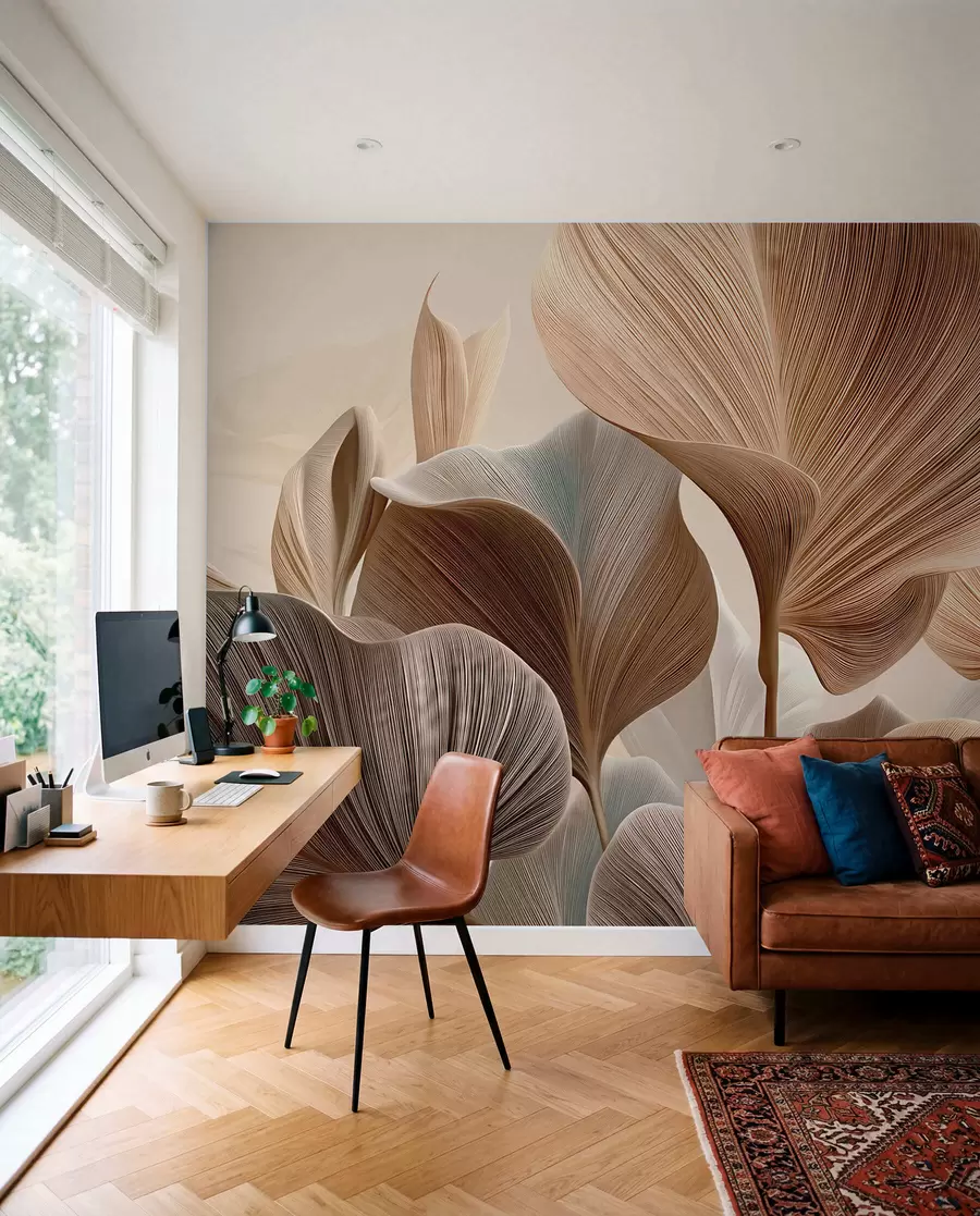 zidne murale Elegantni bež listovi s finom linearnom teksturom w04549