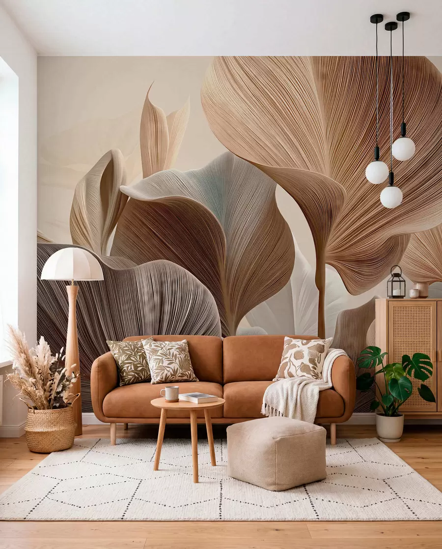 zidne murale Elegantni bež listovi s finom linearnom teksturom w04549