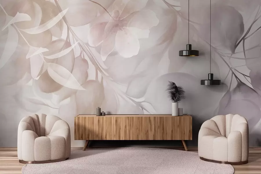 zidne murale Cvjetna umjetnost s prigušenim bež i smeđim cvijećem, lišćem i granama, mekim pastelnim bojama, teksturiranim efektom akvarela w09397