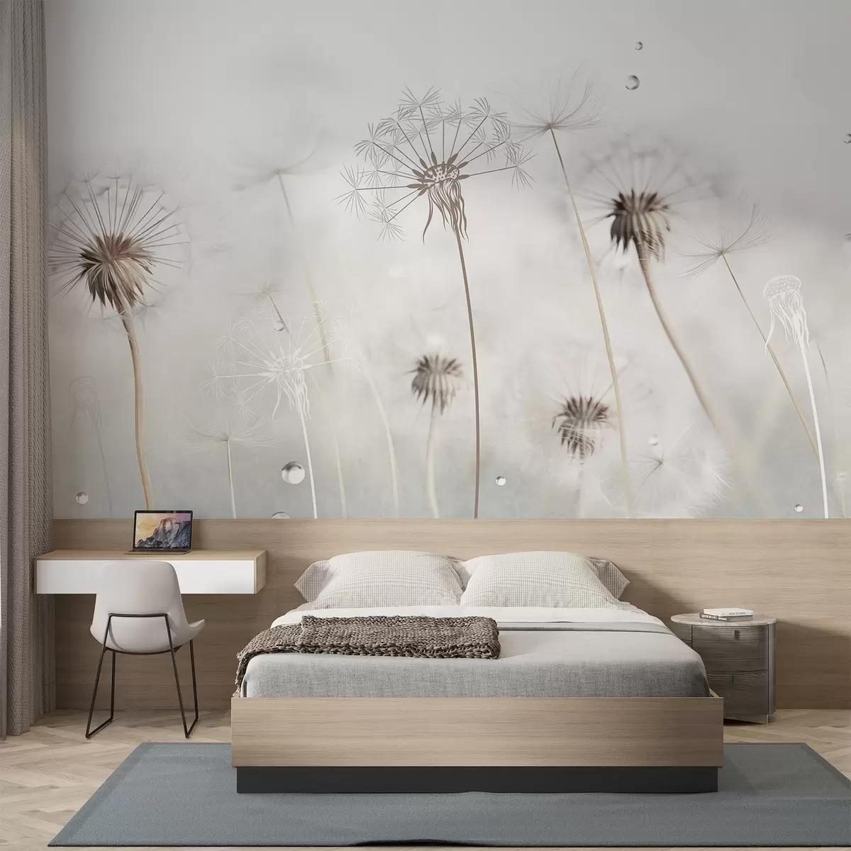 zidne murale Maslačci s kapljicama vode, bijela pozadina, izbliza, meko svjetlo, priroda, botanički, eterično, nježno, minimalističko w09399