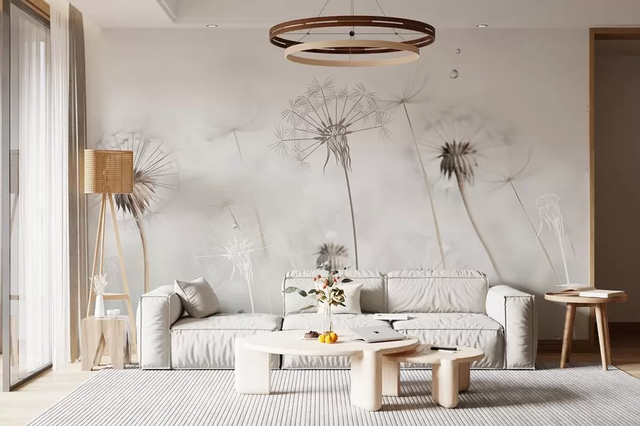 zidne murale Maslačci s kapljicama vode, bijela pozadina, izbliza, meko svjetlo, priroda, botanički, eterično, nježno, minimalističko w09399