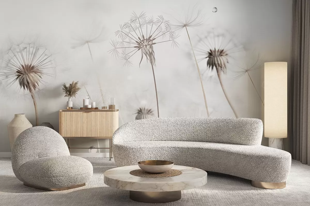 zidne murale Maslačci s kapljicama vode, bijela pozadina, izbliza, meko svjetlo, priroda, botanički, eterično, nježno, minimalističko w09399