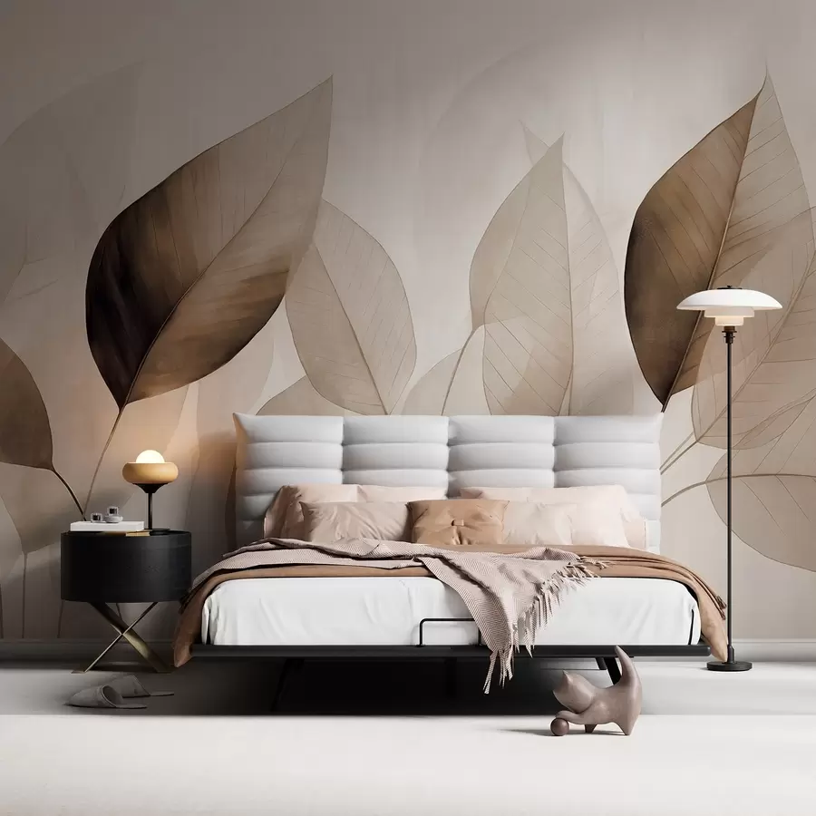 zidne murale Teksturirana imitacija lišća u nijansama smeđe i bež s nježnim žilama i stabljikama w09400v1