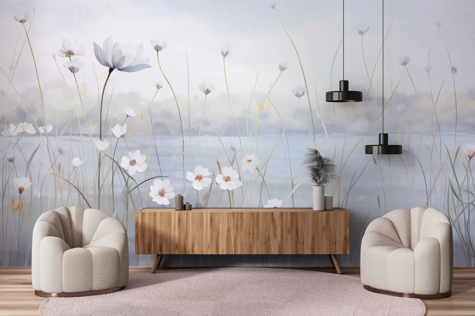 zidne murale Bijelo cvijeće s dugim stabljikama u polju, svijetloplavo nebo, meke boje, teksturirano, minimalistički stil, inspirirano prirodom, mirna pozadina w09401