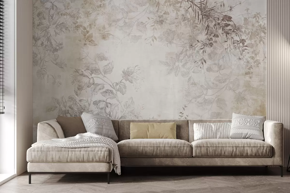 zidne murale Vintage teksturirana cvjetna umjetnost s ilustracijama nježnog vrtnog cvijeća i lišća u stilu crtanja, mekim pastelnim bež i sepia tonovima w09402