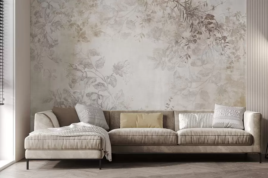 zidne murale Vintage teksturirana cvjetna umjetnost s ilustracijama nježnog vrtnog cvijeća i lišća u stilu crtanja, mekim pastelnim bež i sepia tonovima w09402