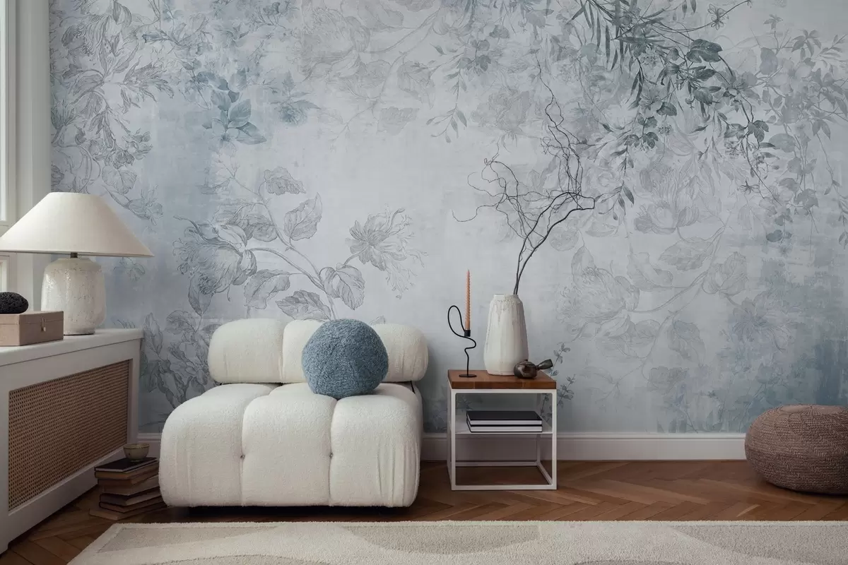 zidne murale Vintage teksturirana cvjetna umjetnost s ilustracijama nježnog vrtnog cvijeća i lišća u stilu crtanja, meki plavi tonovi w09402v1